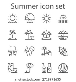 Minimal Line Sommer Icon Set mit Strand, Sonne, Cocktail und Reisesymbolen für Urlaub, Urlaub, Web Design Projekte Kollektion


