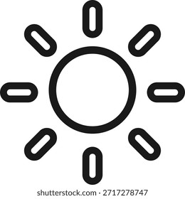 Icono de sol de línea mínima con rayos redondeados en estilo de contorno limpio