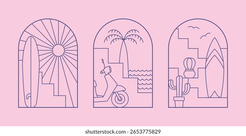 Minimal line surf club, camp icons, badges. Cute landscape with vector surfboard, bike, palm, arch, stairs for t shirt, merch designs.