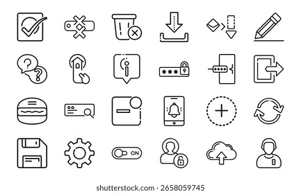Minimal Line UI Icon Set for Web and Mobile Interface 24 Editable Vector Icons for App, Dashboard, UX Design, Settings, Cloud, Security, Upload, Notification, Home and More