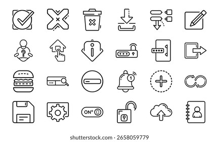 Minimal Line UI Icon Set for Web and Mobile Interface 24 Editable Vector Icons for App, Dashboard, UX Design, Settings, Cloud, Security, Upload, Notification, Home and More
