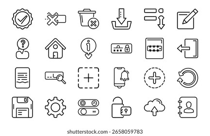 Minimal Line UI Icon Set for Web and Mobile Interface 24 Editable Vector Icons for App, Dashboard, UX Design, Settings, Cloud, Security, Upload, Notification, Home and More