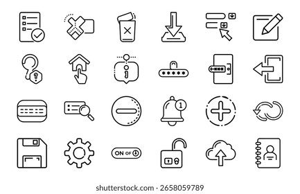Minimal Line UI Icon Set for Web and Mobile Interface 24 Editable Vector Icons for App, Dashboard, UX Design, Settings, Cloud, Security, Upload, Notification, Home and More