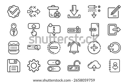 Minimal Line UI Icon Set for Web and Mobile Interface 24 Editable Vector Icons for App, Dashboard, UX Design, Settings, Cloud, Security, Upload, Notification, Home and More