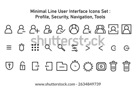 Minimal Line User Interface Icons Set – Profile, Security, Navigation, Tools