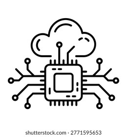 Minimal line vector of cloud computing connected to a microchip processor with circuit lines, symbolizing data processing, artificial intelligence, digital network, cloud storage and modern technology infrastructure.