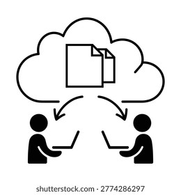 Minimal line vector of cloud file sharing between two users with laptops, representing data transfer, cloud storage, remote collaboration, online communication and digital workflow systems.