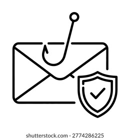 Minimal line vector of email envelope with phishing hook and security shield, representing cyber threats, email scams, data protection, online security awareness and safe communication practices.