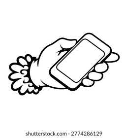 Minimal line vector of a hand holding a smartphone device, symbolizing mobile communication, digital interaction, social media usage, technology access and modern connectivity.