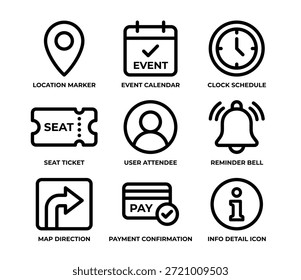 Icono de Vector de línea mínimo establecido para eventos, entradas y reservas. Símbolos de contorno limpios y modernos para UI UX, escalables y versátiles para aplicaciones de Web y móviles.