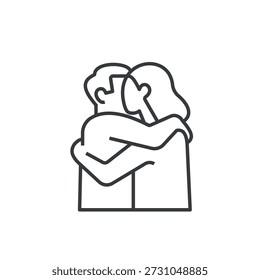 Minimal line vector icon showing a male and female couple hugging, symbolizing love, intimacy, affection, romance, dating, and romantic relationships. Web and mobile design. Editable stroke. Vector