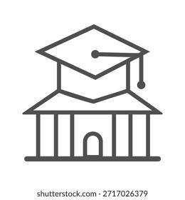 Minimal line vector icon of a university or college building topped with a graduation cap, symbolizing education, learning, academic success, higher education, graduation, and knowledge. Ideal for web