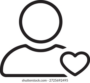 Minimal line vector icon of a user profile with a heart indicator, symbolizing loyalty, trust, and emotional connection. Clean UI style.