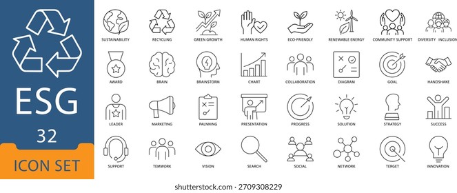 Iconos vectoriales de línea mínimos para ESG, sostenibilidad y estrategia empresarial. Perfecto para Web, informes y presentaciones, con íconos como Reciclaje, Crecimiento Verde y Diversidad.