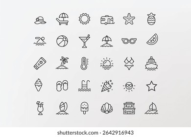 Minimal line vector icons of summer vacation elements including beach, sun, cocktails, swimwear, ice cream, tropical fruits, and travel items. Perfect for web, print, and seasonal designs 