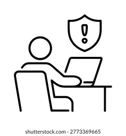 Minimal line vector of a user working on a laptop with a shield symbol, representing cybersecurity, data protection, online privacy, secure access, information safety and digital security systems.