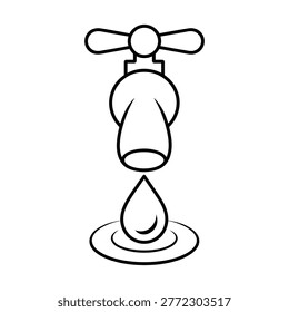 Minimal line vector of a water tap faucet dripping a water droplet into a ripple, symbolizing water supply, plumbing systems, clean water, conservation and household utilities.