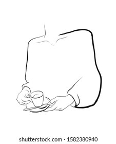 Minimal line vector woman. Faceless female figure holding a cup of coffee linear sketch style. Outline of young girl. Female figure. Contour of a slender figure. Black and white vector illustration.