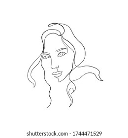 Minimal line vector woman. Linear glamour portrait woman. Portrait of girl. Linear glamour logo in minimal style for beauty salon, beautician, makeup artist, stylist. Hand drawn art.