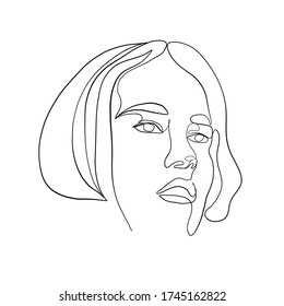 Minimaler Zeilenkrevektor Lineare Glamour Porträtfrau. Portrait von Mädchen. Lineares Glamour Logo im minimalen Stil für Schönheitssalon, Kosmetikerin, Makeup Künstler, Stylistin. Handgezeichnete Kunst.