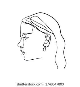 Minimal line vector woman. Linear glamour portrait woman. Portrait profile of girl. Linear glamour logo in minimal style for beauty salon, beautician, makeup artist, stylist. Hand drawn art.