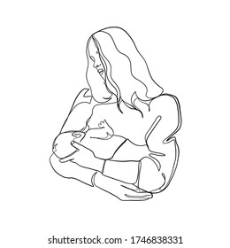 Minimal line vector woman mother holding newborn baby in arms. Happy Mother`s Day.