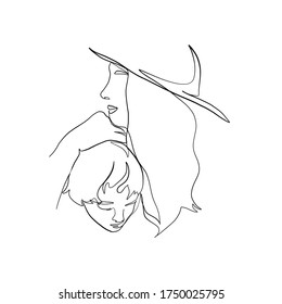 Minimal line vector woman mother hugs  her baby. Happy Mother`s Day. Linear glamour logo in minimal design for Children's Day, maternity hospital, midwives, clothes for newborns and pregnant women