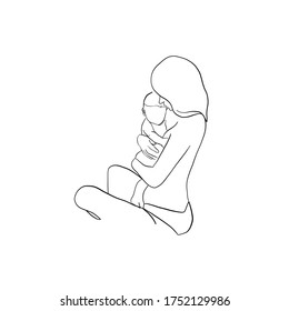 Minimal line vector woman mother holding newborn baby in arms. Mom hugs her baby. Mother's Day. Linear glamour logo in minimal  for maternity hospital, obstetrics, products for pregnant and newborns.