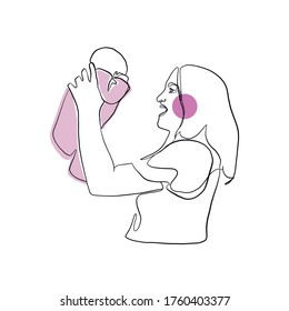 Minimal line vector woman mother holding newborn baby in arms. Mom hugs her baby. Mother's Day. Linear glamour logo in minimal  for maternity hospital, obstetrics, products for pregnant and newborns.