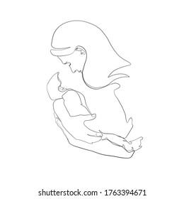 Minimal line vector woman mother holding newborn baby in arms. Mom hugs her baby. Mother's Day. Linear glamour logo in minimal  for maternity hospital, obstetrics, products for pregnant and newborns.