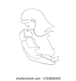 Minimal Line Vector Woman Mother Holding Newborn Baby In Arms. Mom Hugs Her Baby. Mother's Day. Linear Glamour Logo In Minimal  For Maternity Hospital, Obstetrics, Products For Pregnant And Newborns.