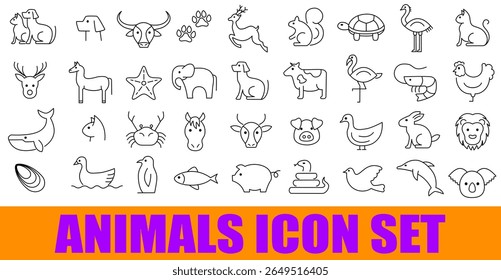 Minimal linear animal icon set with diverse wild and domestic animals, outline style for design and branding use