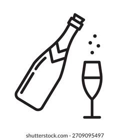 Minimal linear champagne icon with editable stroke. New Year outline illustration of bottle and glass for festive design, celebration graphics and holiday decoration.