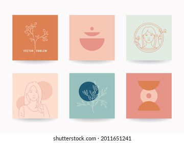 Minimal linear design templates vector set. Beautiful female faces, plants, abstract illustrations. Minimalist modern thin line emblem, poster, t-shirt print, business card. Editable strokes.