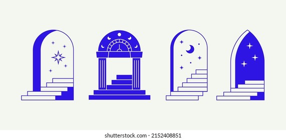 Minimal linear doors staircases. Boho blue mystic line logo signs, bohemian window frames steps. Vector esoteric set