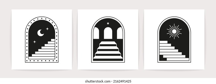 Minimal linear doors staircases. Boho mystic line tattoo signs, bohemian window frames steps. Vector esoteric card set