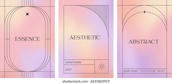 Minimal linear frames with soft gradient background. Modern aesthetic vector holographic design with abstract line shapes. Perfect for posters, flyers, book covers and social media posts.