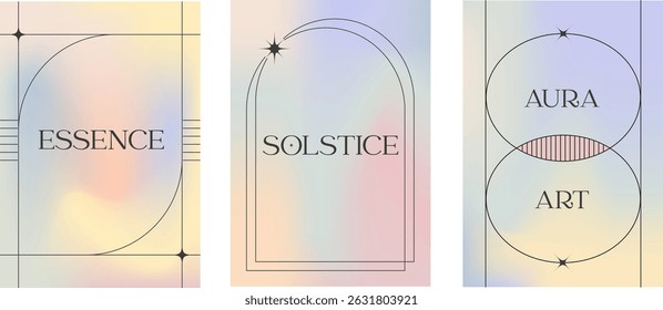 Minimal linear frames with soft gradient background. Modern aesthetic vector holographic design with abstract line shapes. Perfect for posters, flyers, book covers and social media posts.