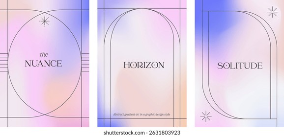 Minimal linear frames with soft gradient background. Modern aesthetic vector holographic design with abstract line shapes. Perfect for posters, flyers, book covers and social media posts.