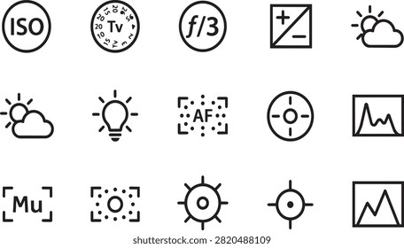 Minimal linear icons for camera menu including exposure compensation iso and autofocus patterns.