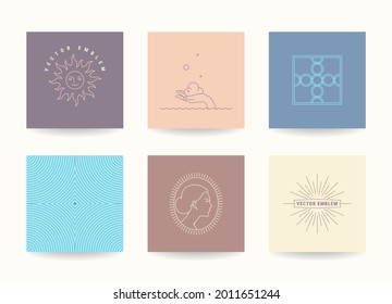 Minimal linear illustrations of beautiful woman, sun, female hand. Design templates vector set. Minimalist modern thin line emblem, poster, t-shirt print, business card collection. Editable strokes.