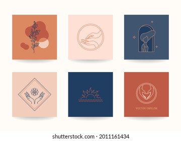 Minimal linear illustrations, design templates vector set. Minimalist modern emblem, poster, t-shirt print, business card collection. Editable strokes. Beautiful woman, female hands, plants, sunset.