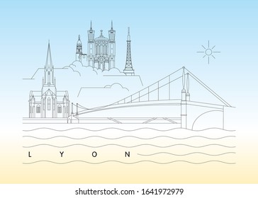 Minimal linear Lyon skyline vector illustration and typography design, France 