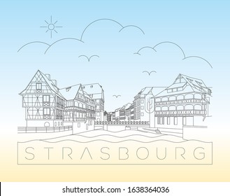Minimal linear Strasbourg skyline vector illustration and typography design, France 