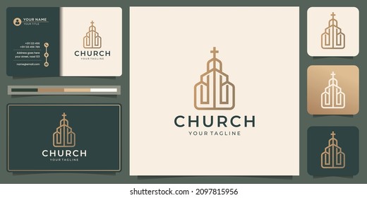 minimal linear style church logo design template, golden color and business card inspiration.