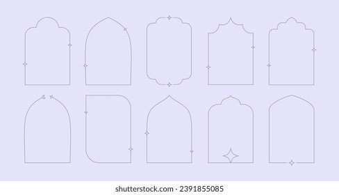 Minimal linear style Islamic windows and arches decorated by stars, sparkles. Y2k style frame set on light background.