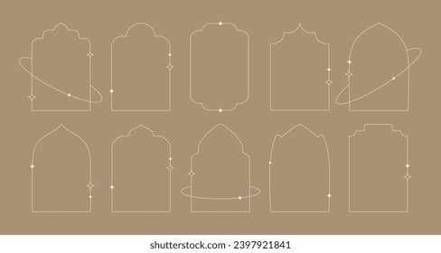 Minimal linear style Islamic windows and arches decorated by stars, sparkles. Y2k style simple frames.