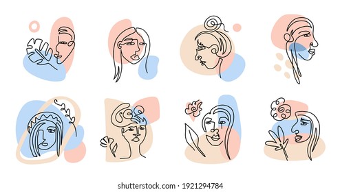 Minimal linear style poster set. Female line portrait and colorful organic forms, abstract t-shirt print, beauty and fashion simple hand drawn vector illustration