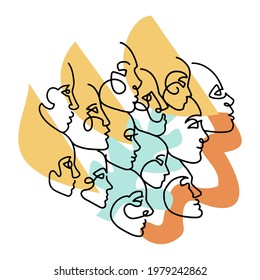 Minimal linear style print isolated concept. Female line portrait and colorful organic forms, abstract t-shirt print, beauty and fashion simple hand drawn vector illustration