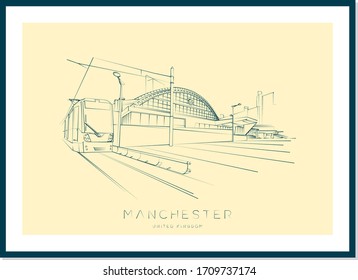 Minimal linear urban vector illustration and typography design, Manchester, England, UK